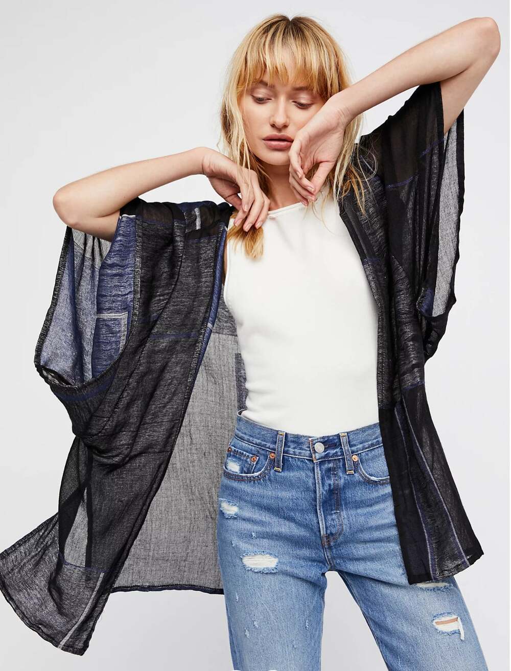 Free People High Tide Patchwork Kimono Light Weight in Blue Black Size OS